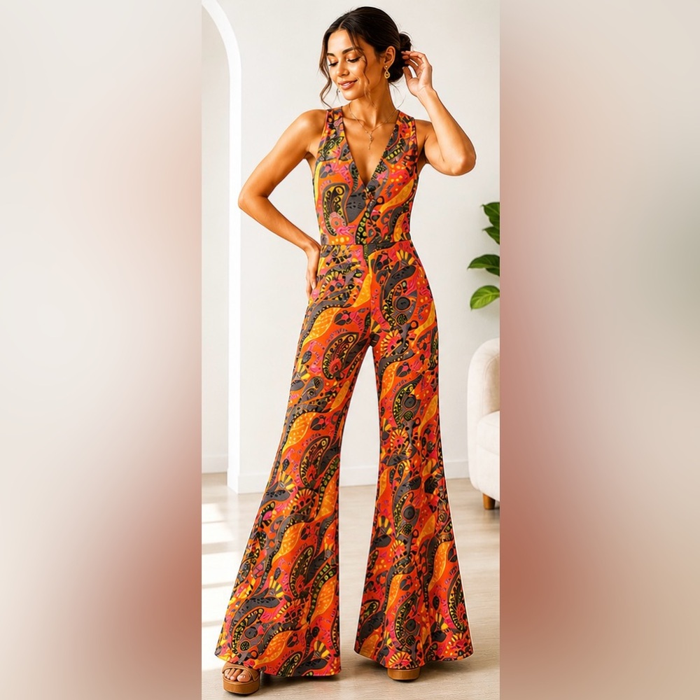 Retro 70’s Orange Paisley Wide Leg Jumpsuit
